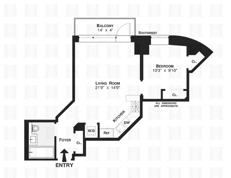 Floorplan for One Bed At Luxury East River Tower Condo