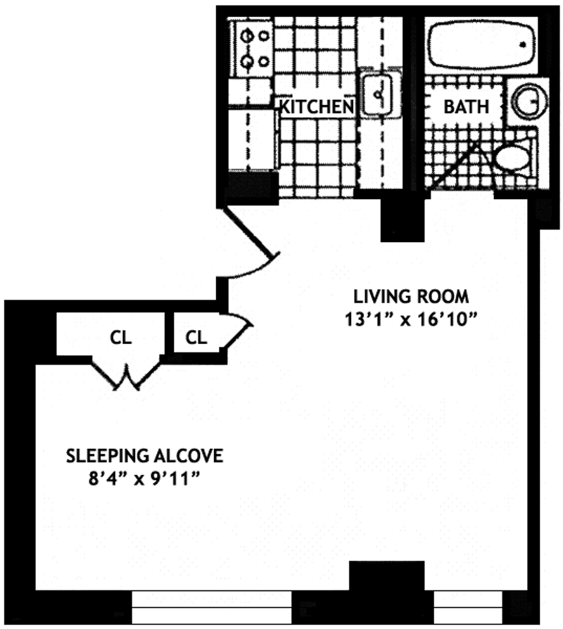 Floorplan for Large Alcove Studio In Luxury Doorman